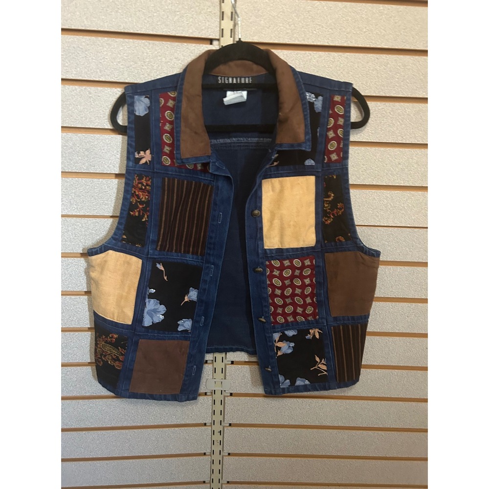 Signature Vintage Denim Patchwork Vest Womens Large Blue Boho Mixed Grandmacore